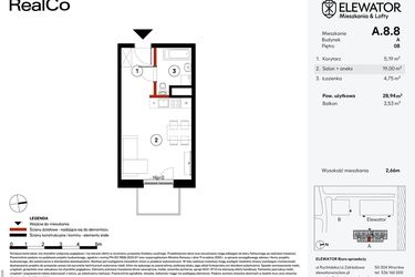 Rzut - Mieszkanie na sprzedaż 1 pokój o powierzchni 28,94 m² - numer A.8.8 w Elewator - Mieszkania i Lofty