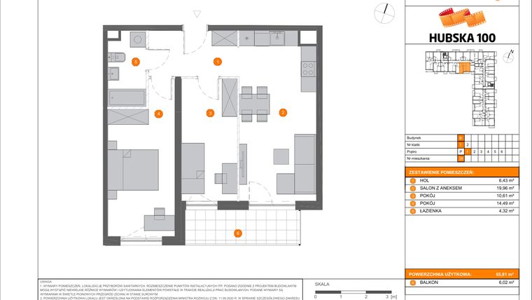 Rzut - Mieszkanie na sprzedaż 3 pokoje o powierzchni 55,81 m² - numer B.26 w Hubska 100