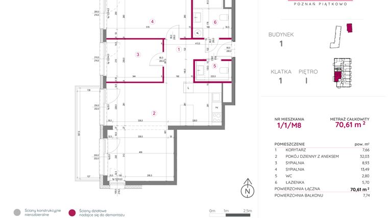 Rzut - Mieszkanie na sprzedaż 3 pokoje o powierzchni 70,61 m² - numer 1/1/M8 w Lechicka 65