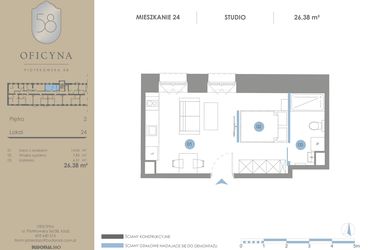 Rzut - Mieszkanie na sprzedaż 1 pokój o powierzchni 26,38 m² - numer 24 w Oficyna - Apartamenty Inwestycyjne Apart Hotel