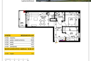 Rzut - Mieszkanie na sprzedaż 3 pokoje o powierzchni 54,46 m² - numer A 9.05 w Park Moniuszki II C