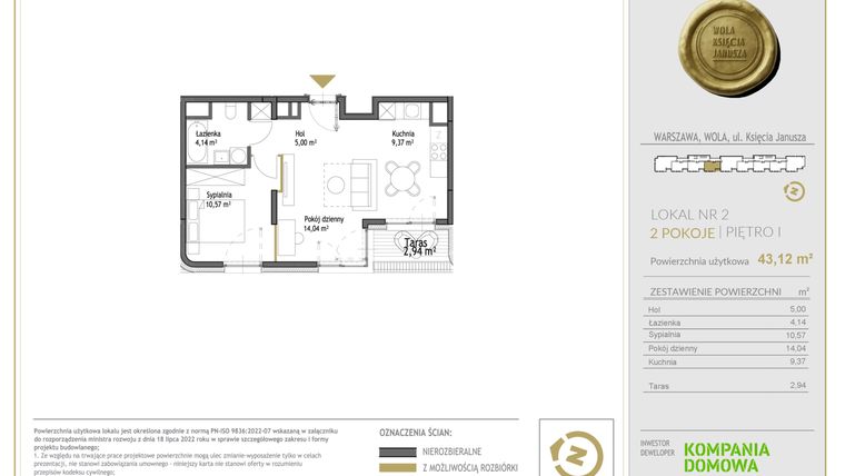 Rzut - Mieszkanie na sprzedaż 2 pokoje o powierzchni 43,12 m² - numer WKJ-LM-02 w Wola Księcia Janusza
