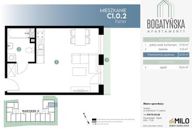 Rzut - Mieszkanie na sprzedaż 1 pokój o powierzchni 32,95 m² - numer C1.0.2 w Bogatyńska Apartamenty etap 3