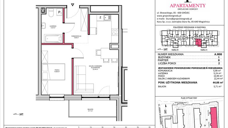 Rzut - Mieszkanie na sprzedaż 2 pokoje o powierzchni 44,66 m² - numer A.08 w Apartamenty Grójeckie Ogrody