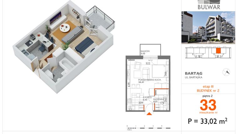 Rzut - Mieszkanie na sprzedaż 1 pokój o powierzchni 33,02 m² - numer 33 w Bulwar bud. 2
