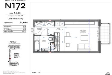 Rzut - Mieszkanie na sprzedaż 1 pokój o powierzchni 31,64 m² - numer A1.03 w Naramowicka 172