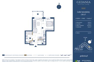 Rzut - Mieszkanie na sprzedaż 1 pokój o powierzchni 38,6 m² - numer I.B.5.7 w GEDANIA Riverside Living