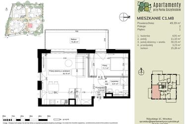 Rzut - Mieszkanie na sprzedaż 2 pokoje o powierzchni 49,39 m² - numer C1.M8 w Apartamenty przy Parku Szczytnickim