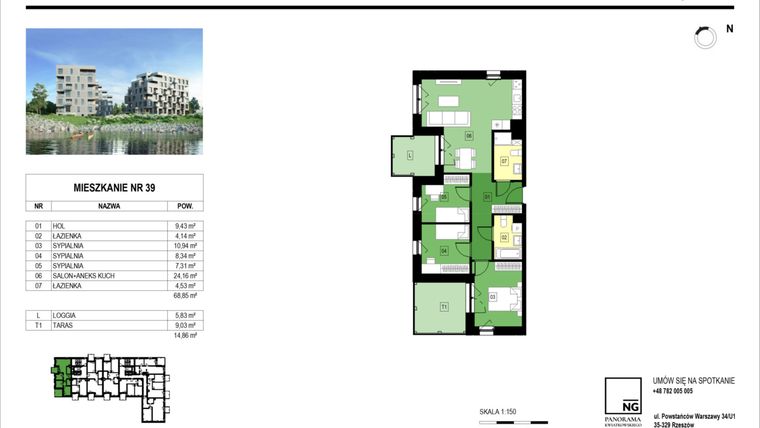 Rzut - Mieszkanie na sprzedaż 2 pokoje o powierzchni 68,78 m² - numer A.39 w Panorama Kwiatkowskiego River