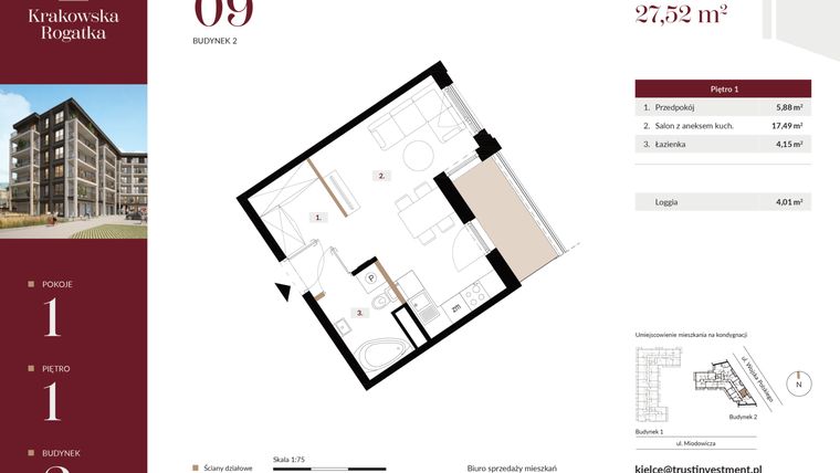 Rzut - Mieszkanie na sprzedaż 1 pokój o powierzchni 27,52 m² - numer 2.M9 w Krakowska Rogatka