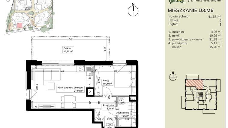 Rzut - Mieszkanie na sprzedaż 2 pokoje o powierzchni 41,63 m² - numer D3.M6 w Apartamenty przy Parku Szczytnickim