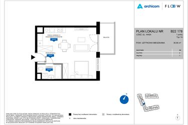 Rzut - Mieszkanie na sprzedaż 1 pokój o powierzchni 36,66 m² - numer B22 178 w Flow - bud. B2 A i bud. B2 B