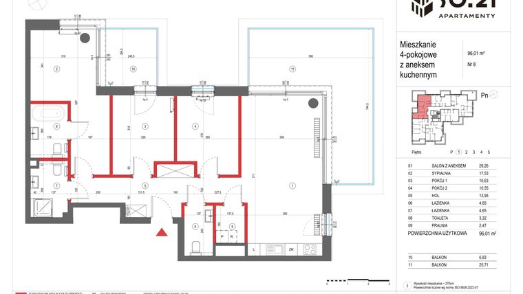 Rzut - Mieszkanie na sprzedaż 4 pokoje o powierzchni 96,01 m² - numer 8 w SO.21