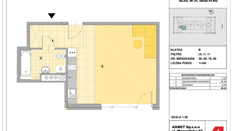 Rzut - Mieszkanie na sprzedaż 1 pokój o powierzchni 39,48 m² - numer 56 w Stalowa 65