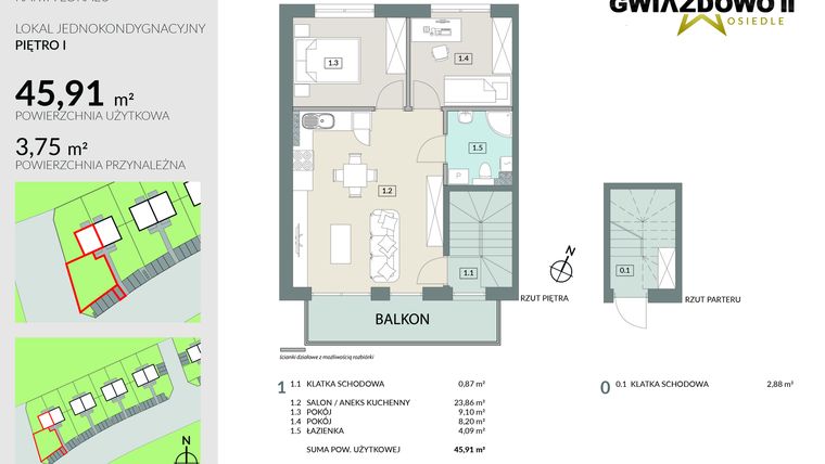 Rzut - Mieszkanie na sprzedaż 3 pokoje o powierzchni 49,66 m² - numer D1.2 w Gwiazdowo II