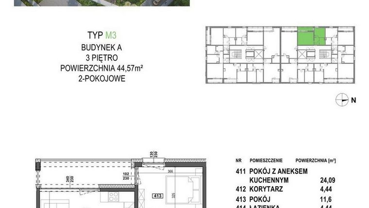 Rzut - Mieszkanie na sprzedaż 2 pokoje o powierzchni 44,57 m² - numer M3A.P4 w Apartamenty Żorska