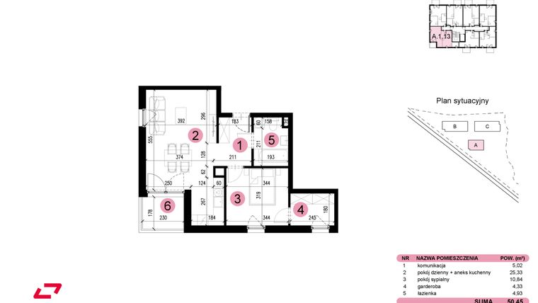 Rzut - Mieszkanie na sprzedaż 2 pokoje o powierzchni 50,45 m² - numer A-1-13 w Nowe Miasto