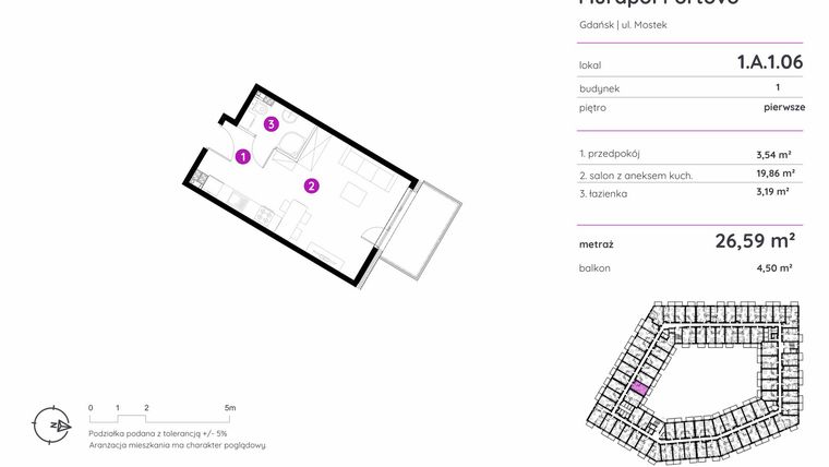 Rzut - Mieszkanie na sprzedaż 1 pokój o powierzchni 26,59 m² - numer 1.A.1.06 w Murapol Portovo etap II