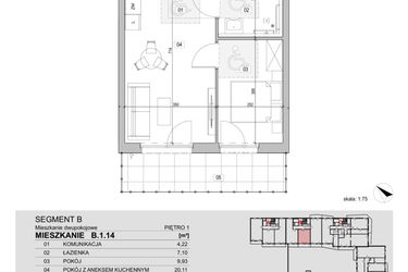 Rzut - Mieszkanie na sprzedaż 2 pokoje o powierzchni 41,36 m² - numer B.1.14 w ATAL Unii Lubelskiej