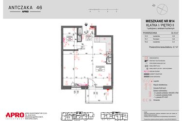 Rzut - Mieszkanie na sprzedaż 1 pokój o powierzchni 33,1 m² - numer M14 w Antczaka 46