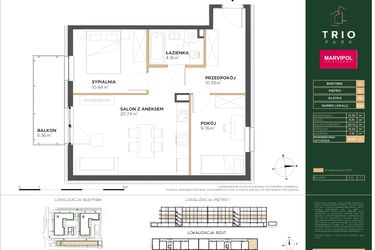 Rzut - Mieszkanie na sprzedaż 3 pokoje o powierzchni 55,49 m² - numer C022 w Trio Park bud. C