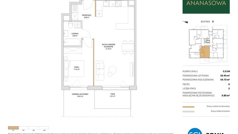 Rzut - Mieszkanie na sprzedaż 2 pokoje o powierzchni 54,73 m² - numer C.0.04 w Ananasowa