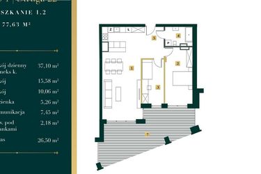 Rzut - Mieszkanie na sprzedaż 3 pokoje o powierzchni 76,53 m² - numer 1.2 w New Iron