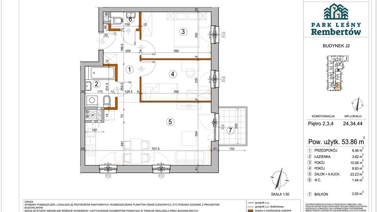 Rzut - Mieszkanie na sprzedaż 3 pokoje o powierzchni 53,86 m² - numer J2-24 w Park Leśny Rembertów etap VIII