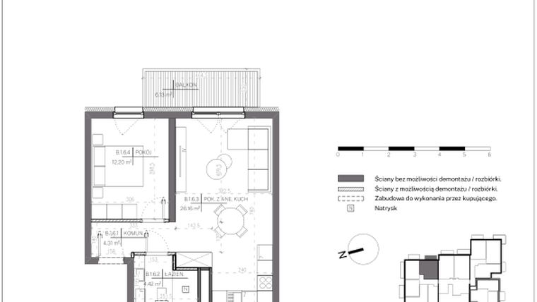 Rzut - Mieszkanie na sprzedaż 2 pokoje o powierzchni 47,09 m² - numer B.1.6 w Polanka 21
