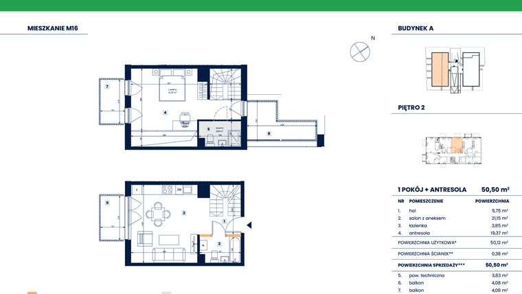 Rzut - Mieszkanie na sprzedaż 2 pokoje o powierzchni 50,5 m² - numer M16 w Reneta