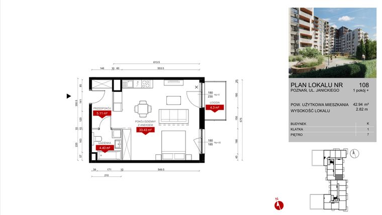 Rzut - Mieszkanie na sprzedaż 1 pokój o powierzchni 42,94 m² - numer K.108 w Wieża Jeżyce etap V