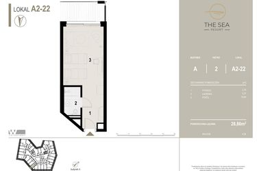 Rzut - Mieszkanie na sprzedaż 1 pokój o powierzchni 28,86 m² - numer A2-22 w The Sea Resort Międzyzdroje