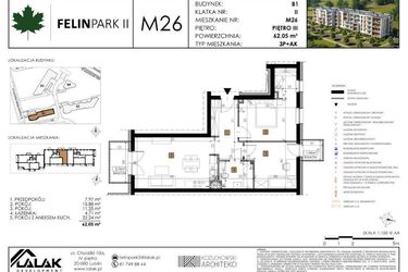 Rzut - Mieszkanie na sprzedaż 3 pokoje o powierzchni 62,14 m² - numer B1.M26 w Felin Park II