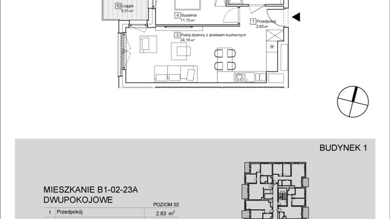 Rzut - Mieszkanie na sprzedaż 2 pokoje o powierzchni 42,91 m² - numer B1-02-23A w Nowa Francuska