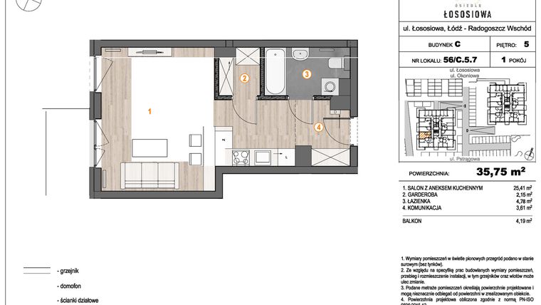 Rzut - Mieszkanie na sprzedaż 1 pokój o powierzchni 35,95 m² - numer 56 - C5.7 w Osiedle Łososiowa
