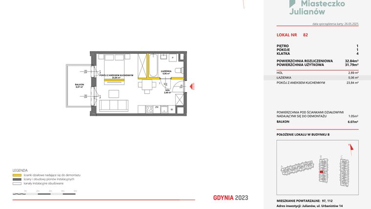 Rzut - Mieszkanie na sprzedaż 1 pokój o powierzchni 32,84 m² - numer 82 w Miasteczko Julianów