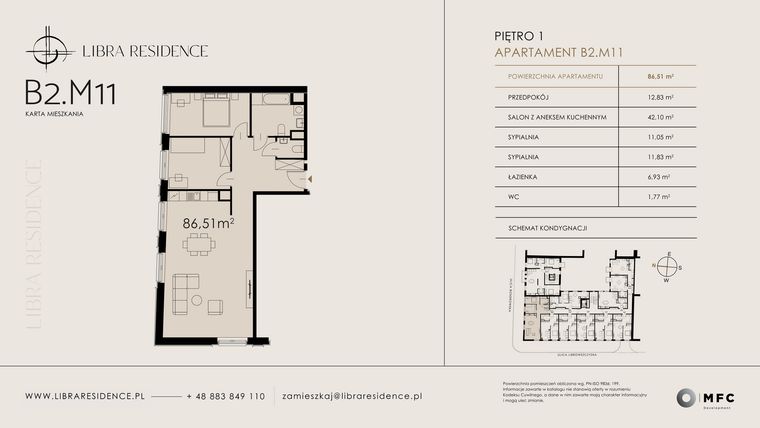Rzut - Mieszkanie na sprzedaż 3 pokoje o powierzchni 86,51 m² - numer B2.M11 w Libra Residence