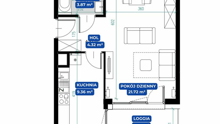Rzut - Mieszkanie na sprzedaż 1 pokój o powierzchni 39,75 m² - numer 38. w Ułanów 58
