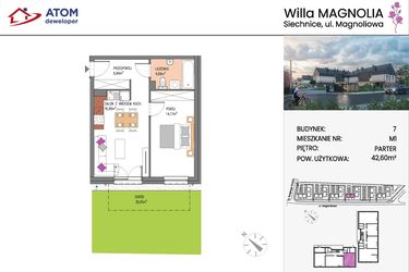 Rzut - Mieszkanie na sprzedaż 2 pokoje o powierzchni 42,6 m² - numer Bud.7-1 w Willa Magnolia