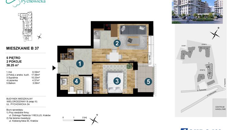Rzut - Mieszkanie na sprzedaż 2 pokoje o powierzchni 38,25 m² - numer B37 w Kapelanka-Pychowicka Etap III