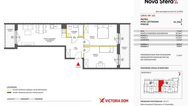 Rzut - Mieszkanie na sprzedaż 3 pokoje o powierzchni 60,86 m² - numer 2.165 w Miasteczko Nova Sfera