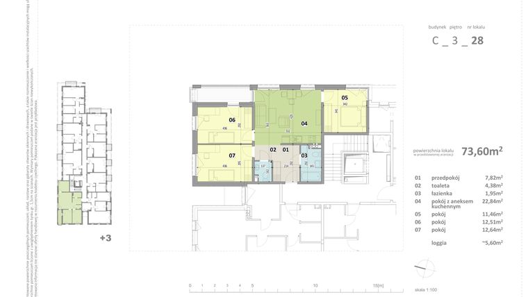 Rzut - Mieszkanie na sprzedaż 3 pokoje o powierzchni 73,6 m² - numer C.28 w Federowicza – Ruczaj Park