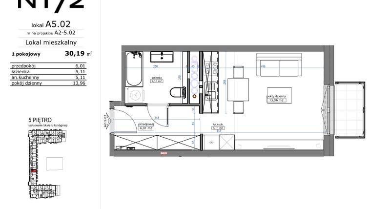 Rzut - Mieszkanie na sprzedaż 1 pokój o powierzchni 30,19 m² - numer A5.02 w Naramowicka 172
