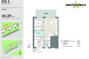 Rzut - Mieszkanie na sprzedaż 3 pokoje o powierzchni 45,39 m² - numer D5.1 w Gwiazdowo II