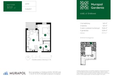 Rzut - Mieszkanie na sprzedaż 1 pokój o powierzchni 37,17 m² - numer 1.C.0.03 w Murapol Gardenia