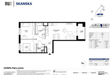 Rzut - Mieszkanie na sprzedaż 3 pokoje o powierzchni 64,88 m² - numer AA0604 w NU2 Warszawa Wola