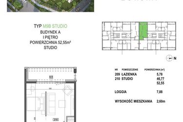 Rzut - Mieszkanie na sprzedaż 1 pokój o powierzchni 52,55 m² - numer M9B.P2 w Apartamenty Żorska