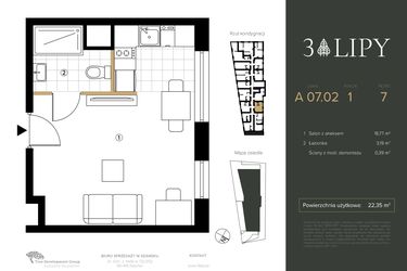 Rzut - Mieszkanie na sprzedaż 1 pokój o powierzchni 22,35 m² - numer A.07.02 w 3 lipy