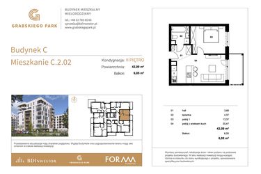 Rzut - Mieszkanie na sprzedaż 2 pokoje o powierzchni 42,09 m² - numer C.2.02 w Grabskiego Park
