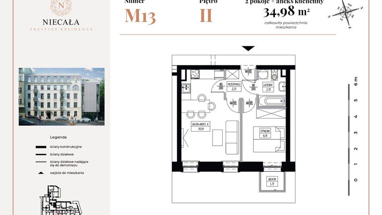 Rzut - Mieszkanie na sprzedaż 2 pokoje o powierzchni 34,98 m² - numer 13 w Niecała Prestige Residence